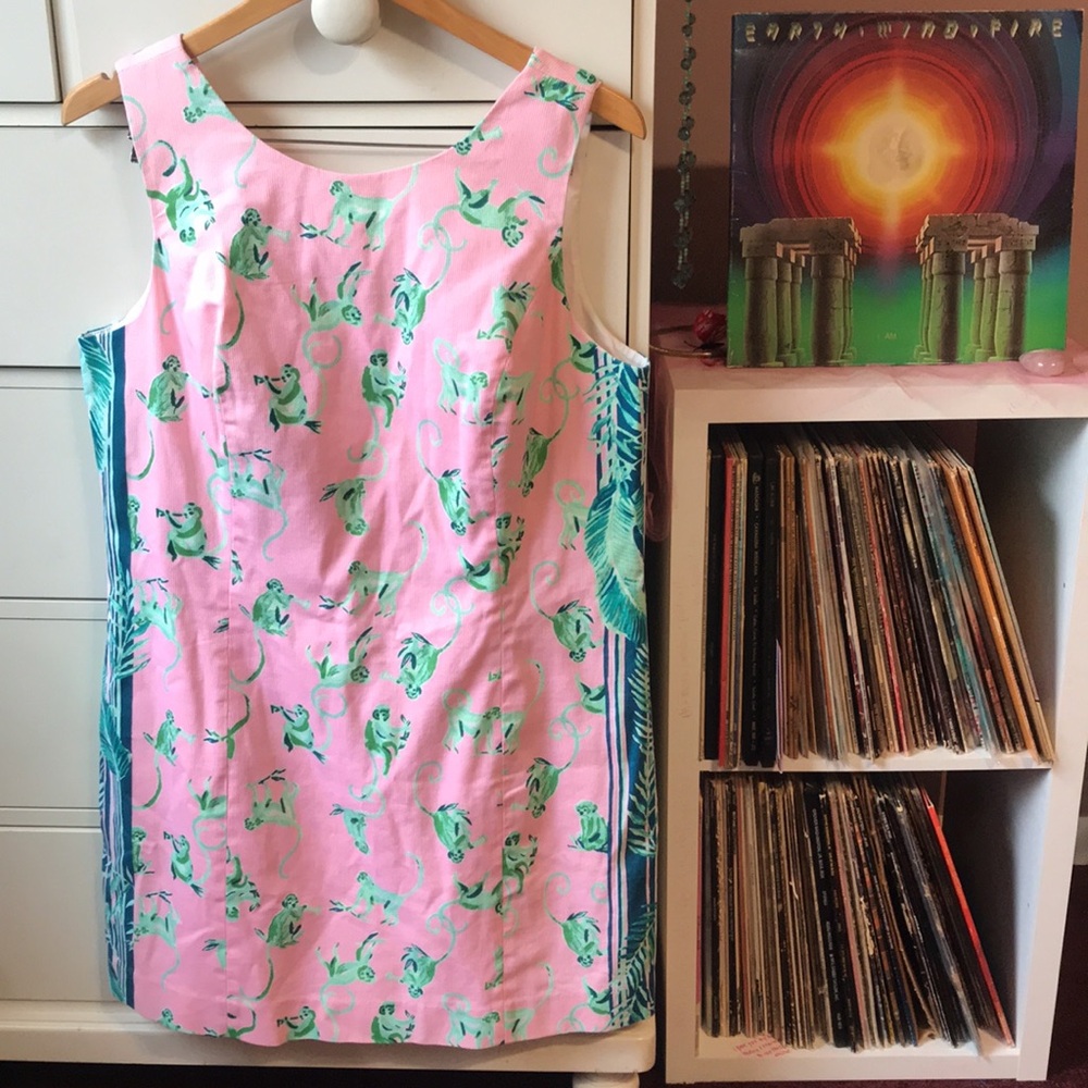 Lilly Pulitzer Mila Monkey Business Dress 16 Rare Pink Green Animal XL Shift Sun